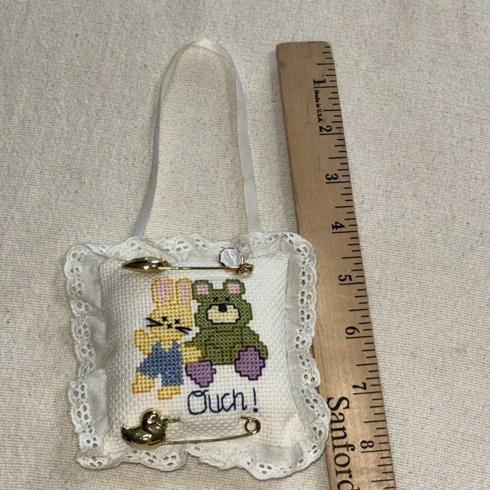 Handmade cross-stitch Pin‎ cushion Bear & Bunny 